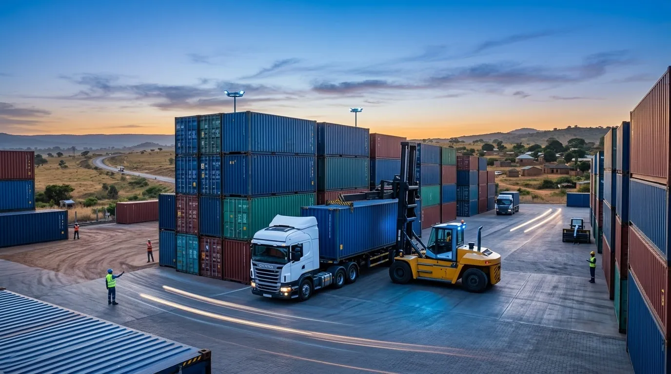 A container yard at dusk, with stacked shipping containers, a truck and a forklift.