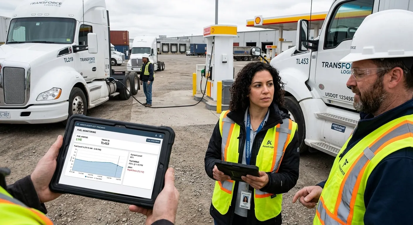 Trucks at a fuel station while staff in high-visibility vests review a fuel consumption chart on a tablet.